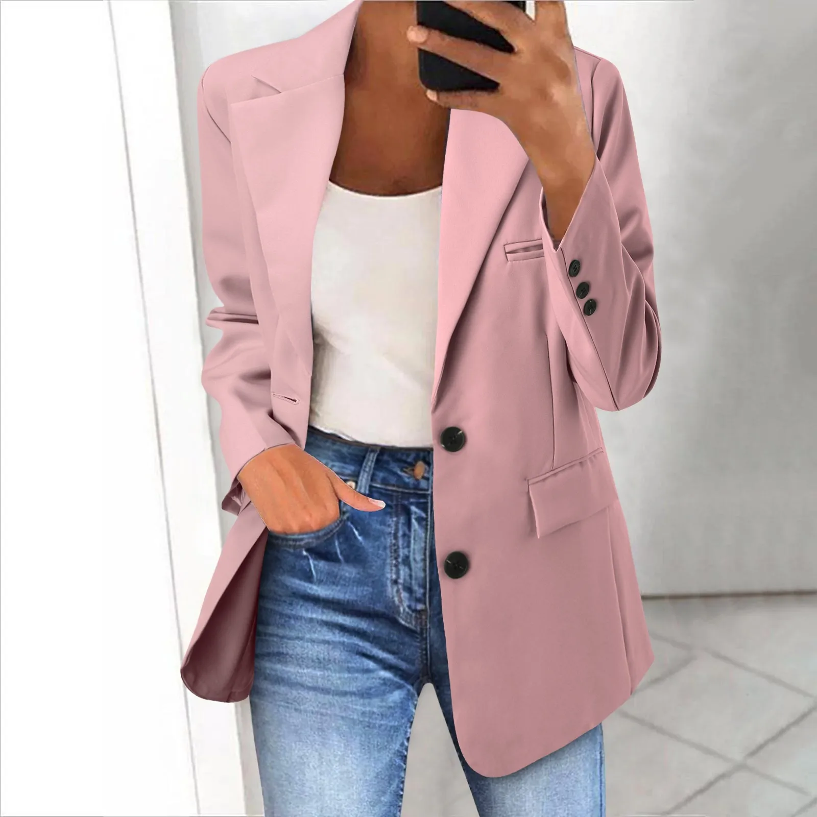

Women's Four Seasons Classic Solid Colour Versatile Business Suit Jacket 2023 Casual Buttons Pockets Commuter Suit Jacket