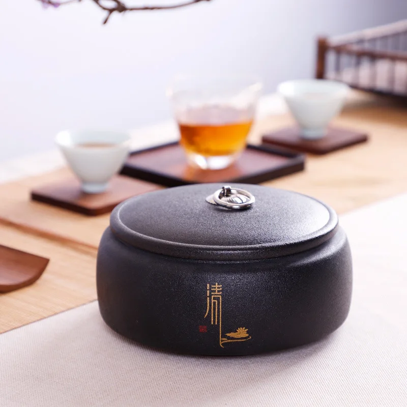 

Black Ceramic Tea Tin with Lid Creative Large-capacity Nut Sealed Jar Home Decoration Coffee Bean Medicinal Material Storage Jar