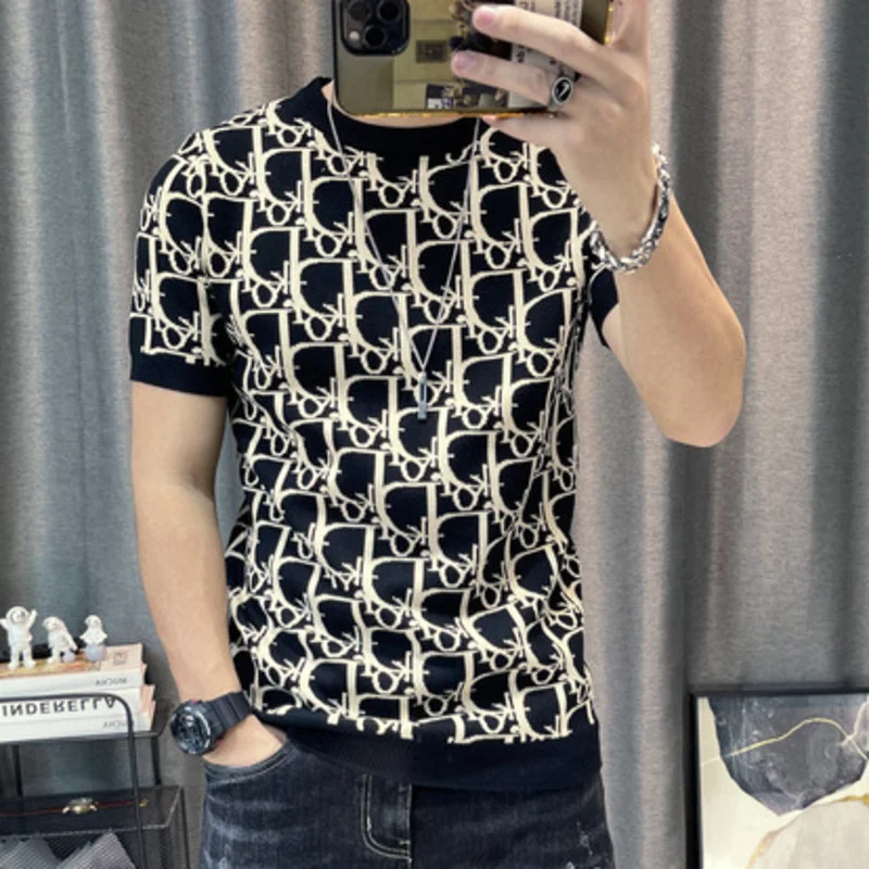 

Quality High Letter Print Knitted T-shirt 2022 Summer Short Sleeve Casual T-Shirt Business Social O-neck Tops Tees Streetwear