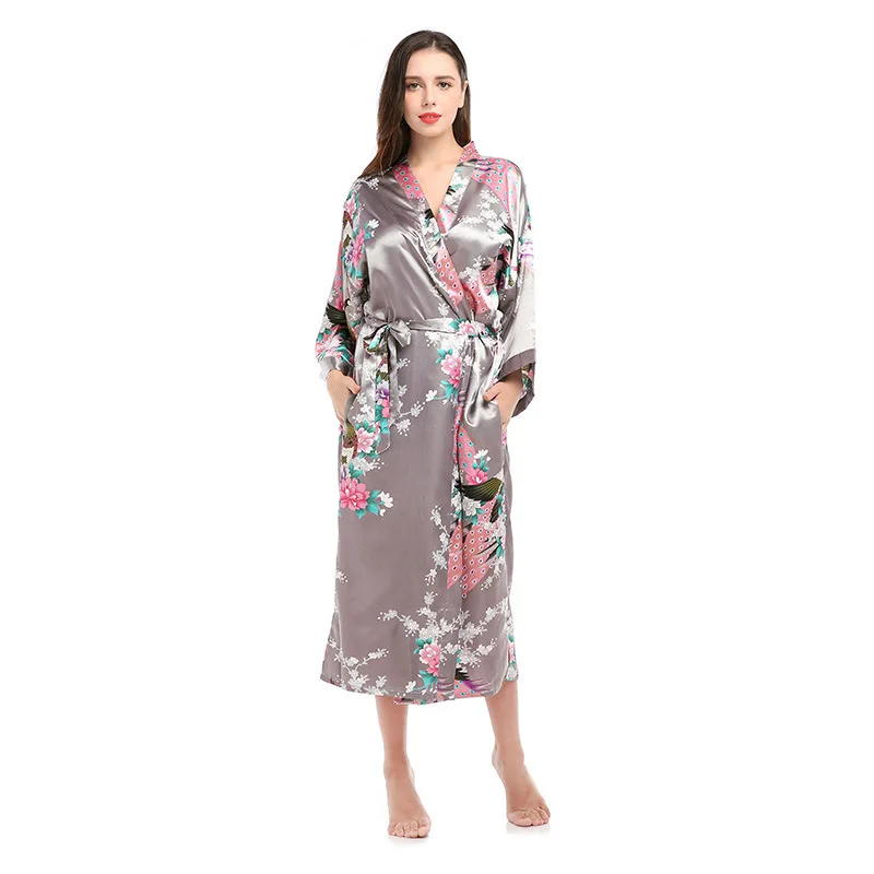 

Peacock Printed Long Robe Sexy Woman Satin Kimono Bathrobe With Pockets Lounge Sleepwear Spring New Loose Nightwear Home Wear