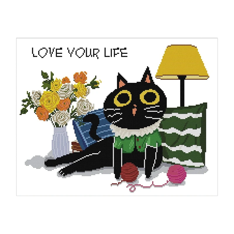 

DIY Cross Stitch Counted Kits Stamped Kit ,11CT Fabric Embroidery Crafts Needlepoint Kit (Love Life-Black Cat)