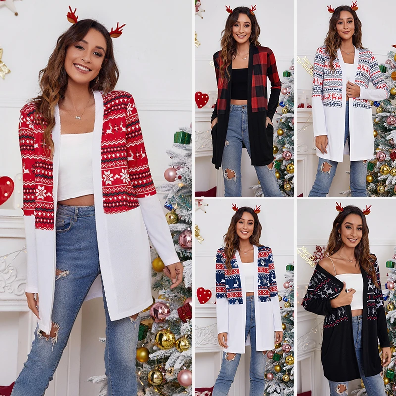 

Рождественская женская футболка, модная свободная футболка с круглым вырезом и длинным рукавом, кардиган для праздника, вечевечерние, кашемировый свитер