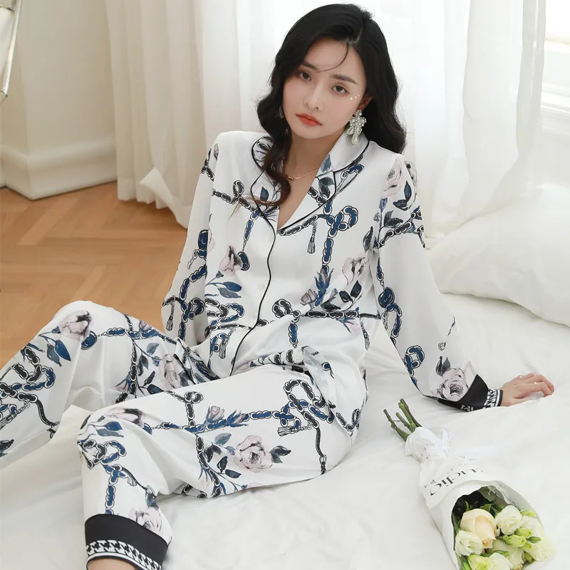 New Ice Silk Pajamas Women's Elegant Chain Rose Print Long Sleeve woman pijama set  pijamad de mujer  sleep wear