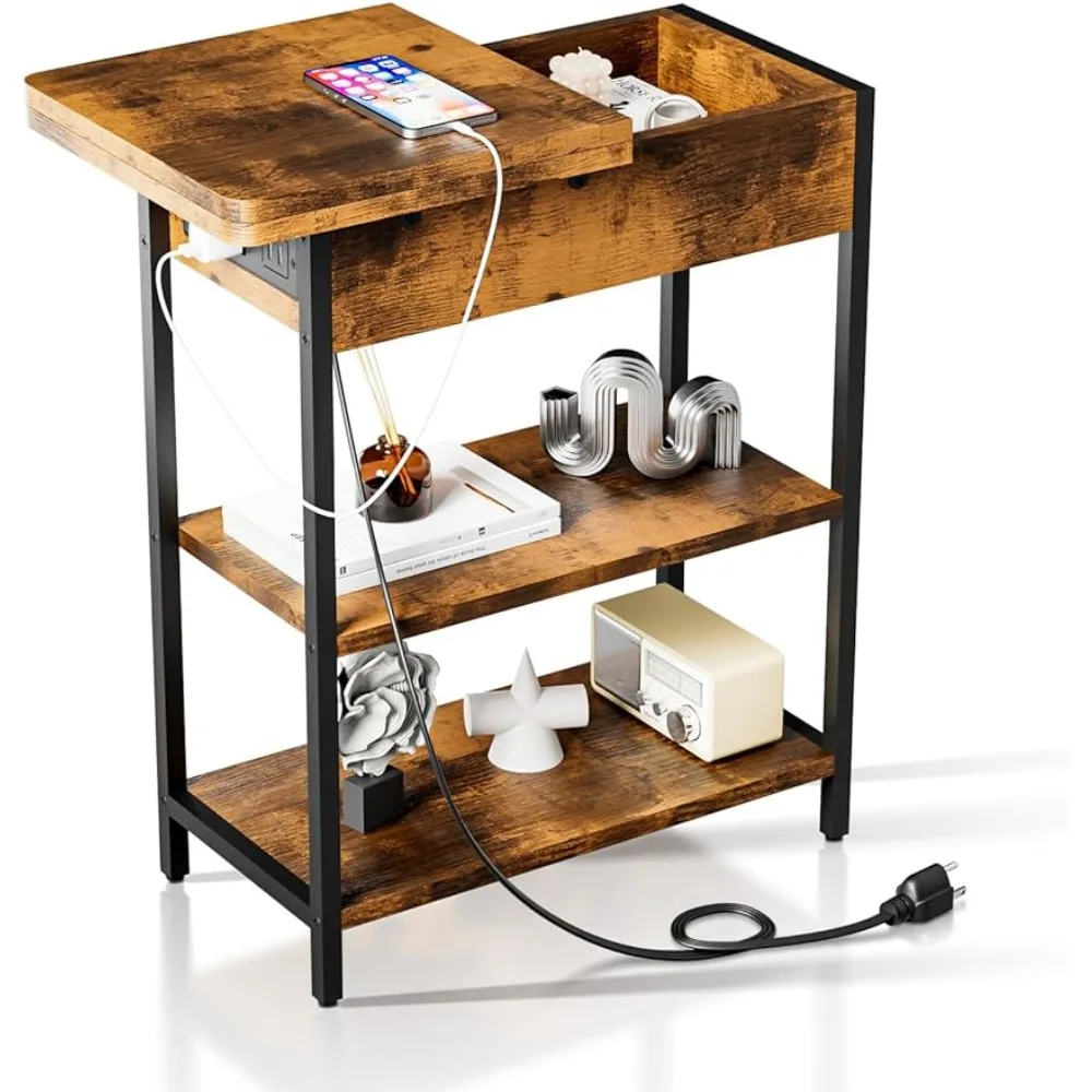 End Table with Charging Station, Narrow Flip Top Side Table with USB Ports and Outlets, Nightstand with Storage for Small Spaces