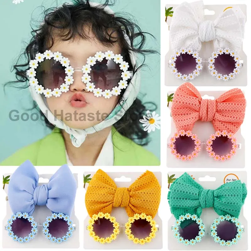 

2Pcs/set Vintage Kids Summer Bows Scrcunchies Round Sunglasses Headband Children Sun Protection Glasses Baby Hair Accessories