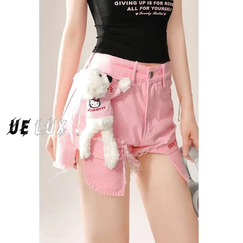 Hello Kitty Sanrio Плюшевые Милые Мультяшные милые узкие розовые джинсы с завышенной