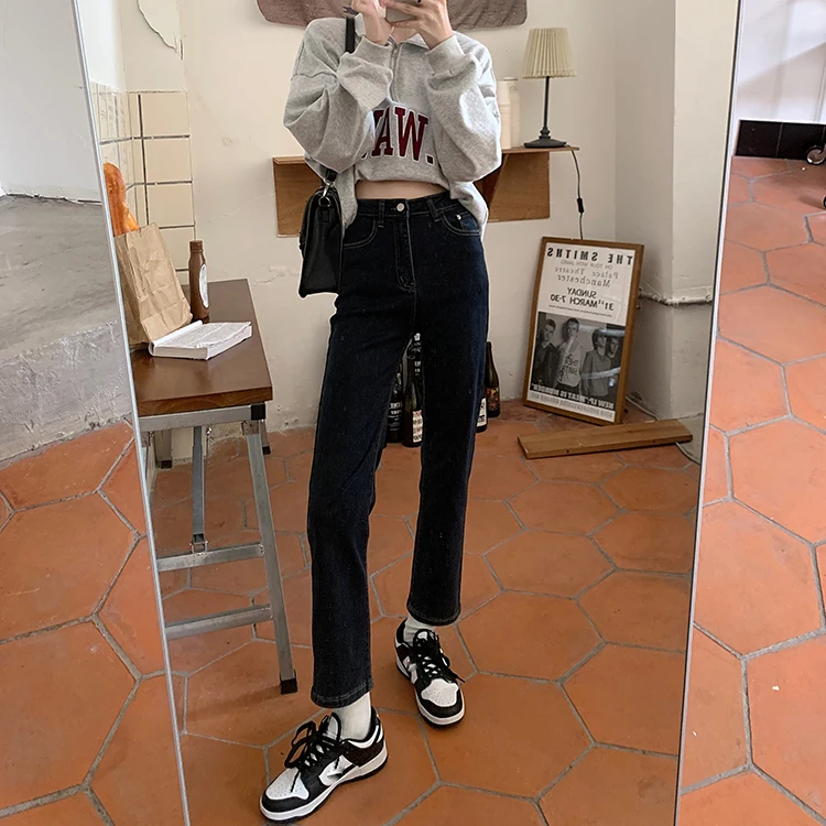

GBB0857 Black High Waist Slim Jeans Women's Autumn 2022 New Korean Basic Elastic Nine Part Straight Leg Pants
