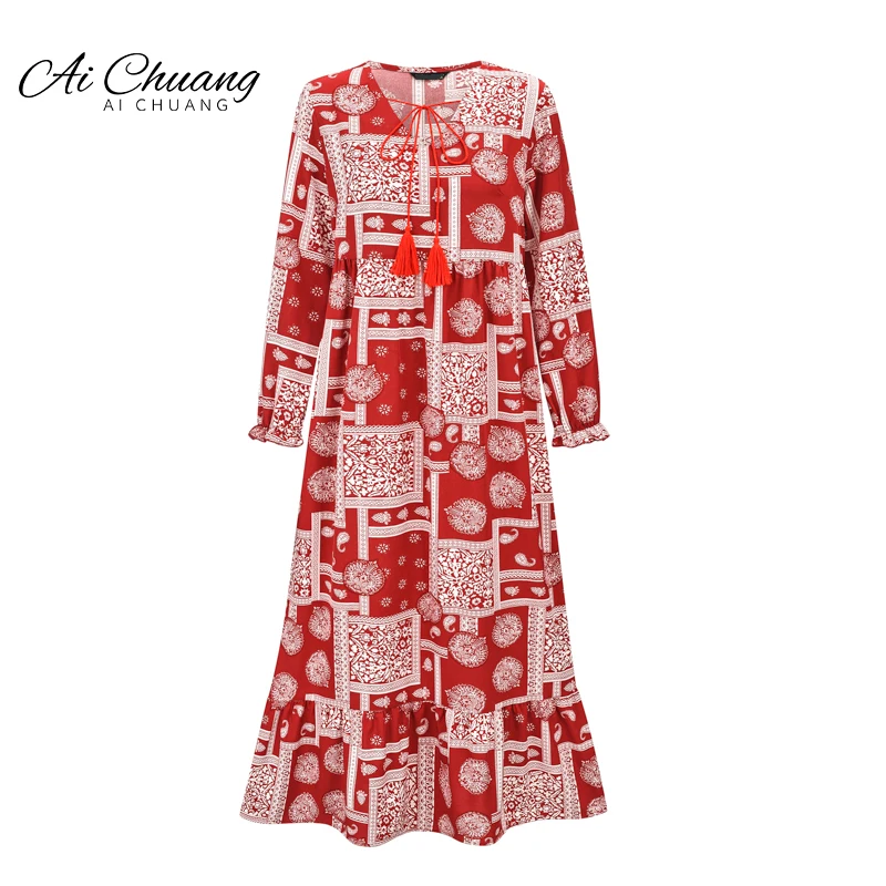 

Женское платье с V-образным вырезом, Длинное свободное платье с винтажным принтом, с оборками на рукавах, в стиле бохо, для вечеринок, лето 2022