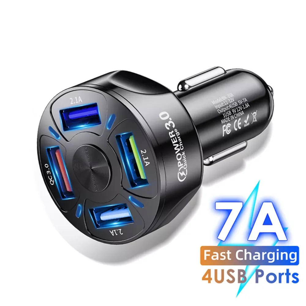 

4 Ports USB Car Charge 12V 24V 48W Quick 7A Fast Charging For iPhone For Mobile Phone Charger Adapter in Car