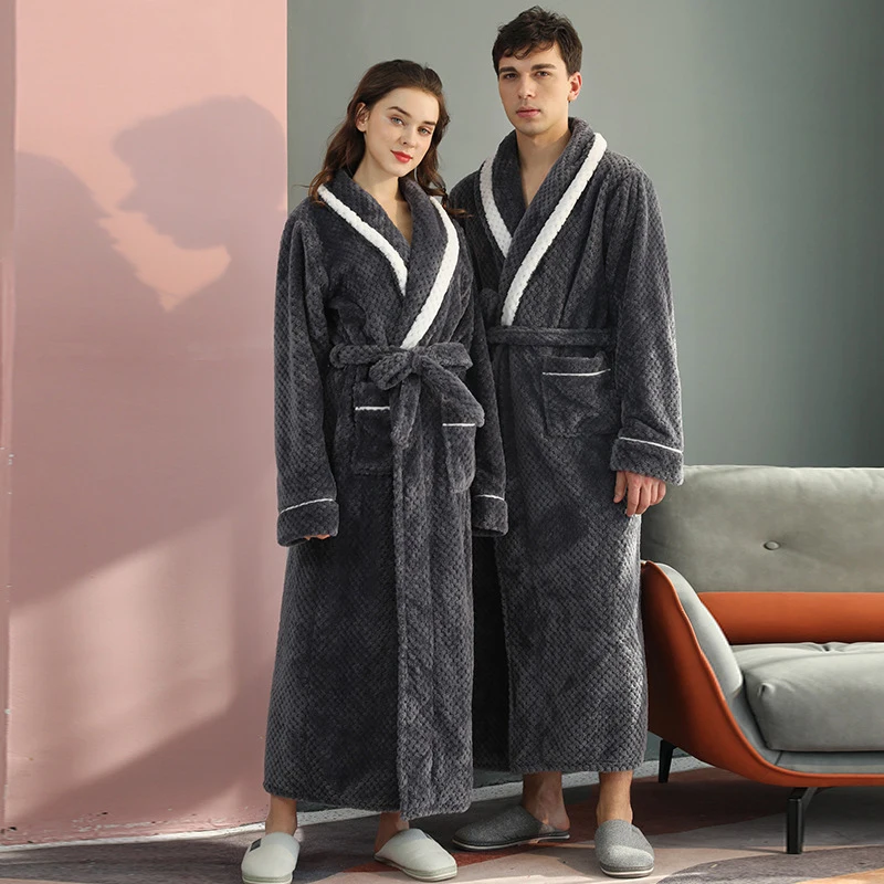 Thick Couple Dressing Gown With Sashes Fluffy Turn Down Collar Women's Bath Robe Pockets Long Sleeve Warm Robe For Female