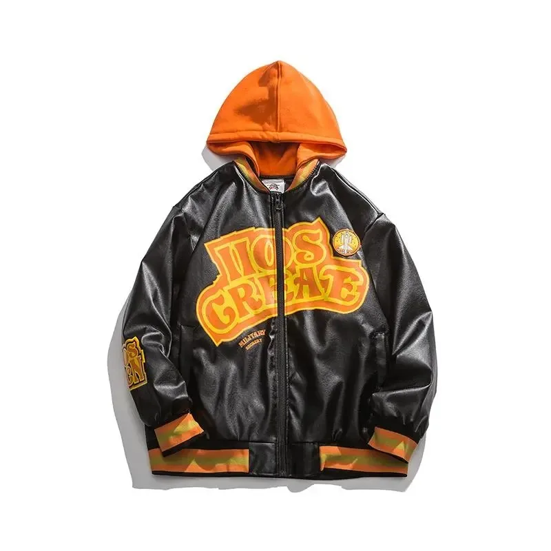 

Кожаная куртка-бомбер для мужчин, винтажное пальто с капюшоном на молнии, Женская бейсбольная куртка с буквенным принтом в стиле хип-хоп, одежда для колледжа черного цвета