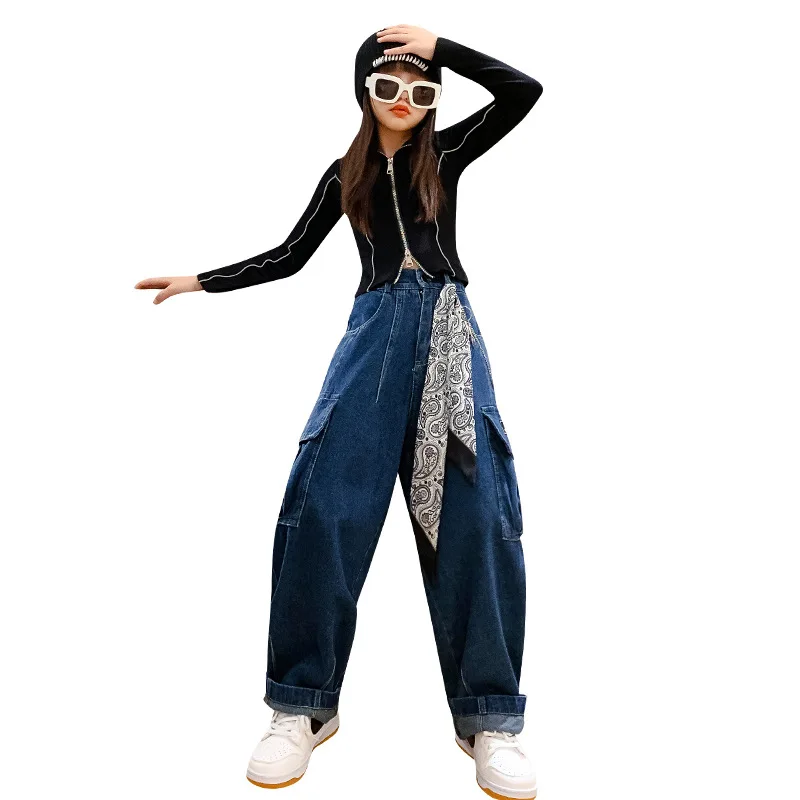 

Spring Autumn New Loose Trousers Kids Clothes for Teens Girls Fashion Chain Ribbon Pocket Jeans Korean Denim Overalls Pant 4-14Y