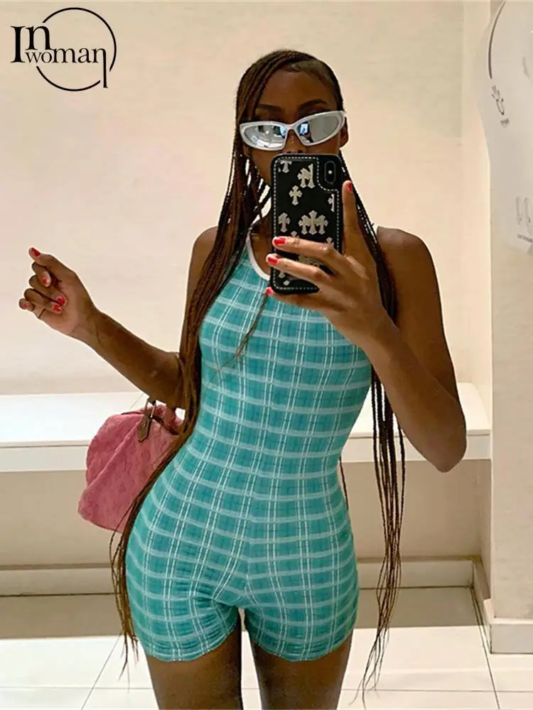 

Inwoman Summer Sexy Bodycon Romper Womens Jumpsuits Sleeveless Blue Playsuits Skinny Plaid Party One Piece Outfit Rompers