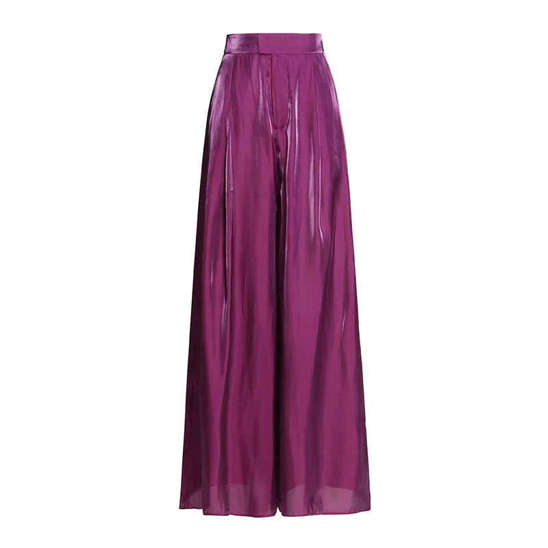 Women High Waist Wide-leg Pants Vintage Purple Thin Satin Maxi Dress Spliced Zipper Female Summer Fashion Office Lady Clothes