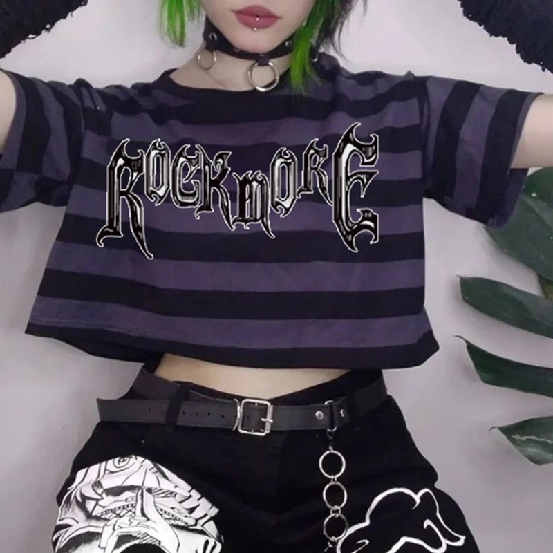

Summer Fashion Cute Loose Gothic Striped Print Letters Short Sleeve Tee Shirt Casual Short T-Shirts Women Girl Crop Top Y2k