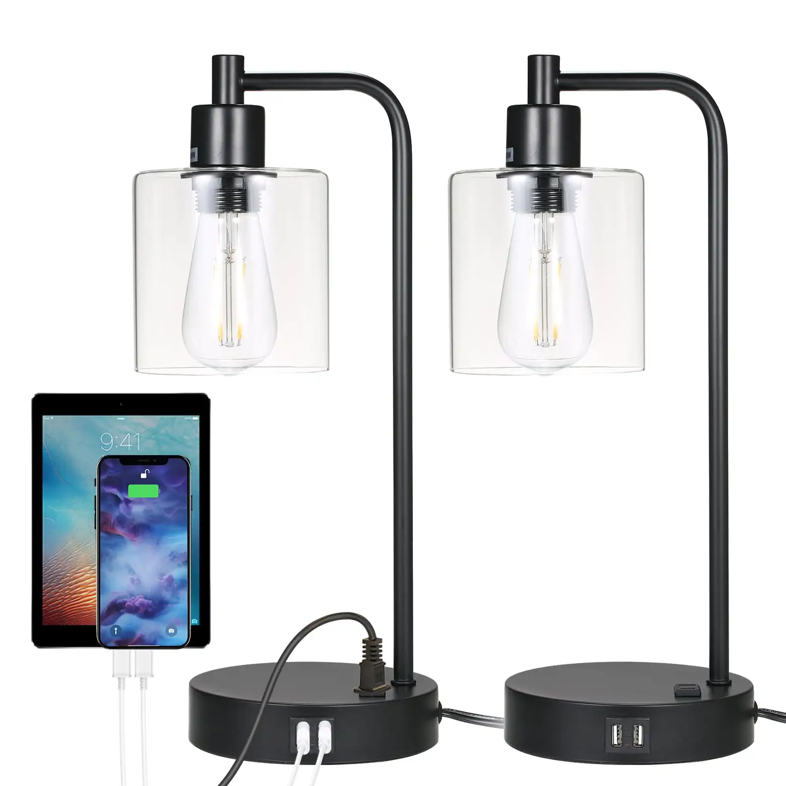 

Industrial Touch Control Table Lamps Set of 2 with 2 USB Ports and AC Outlet, 3-Way Dimmable Nightstand Desk Lamp for Bedroom Li