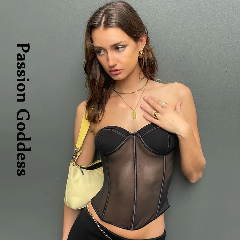 

Сексуальные женские сетчатые корсеты, бюстье, топы, облегающие бюстье без бретелек, Прозрачные топы-трубы, праздничные укороченные топы с о...