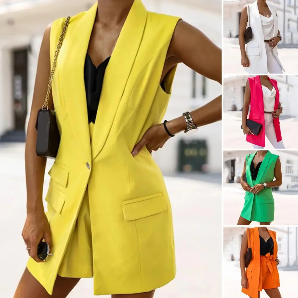 Women Blazer Vest Sleeveless Single Button Flap Pockets Mid-Length Fashion Solid Color Lapel Office Suit Waistcoat Workwear