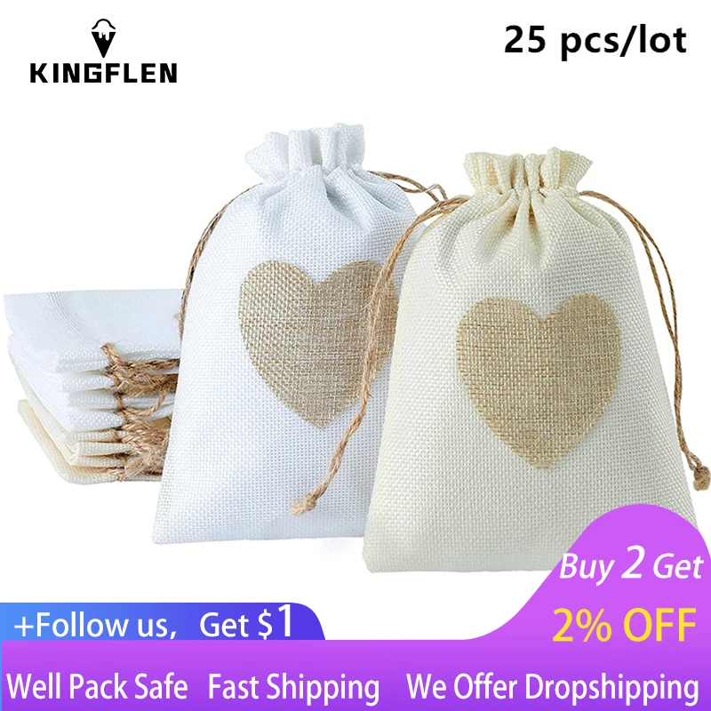 25 Pcs/Lot Heart Sharp Jute Drawstring Bags Christmas Party New Year Easter Gift Package Wedding Pouches 8x10/10x14/13x18cm