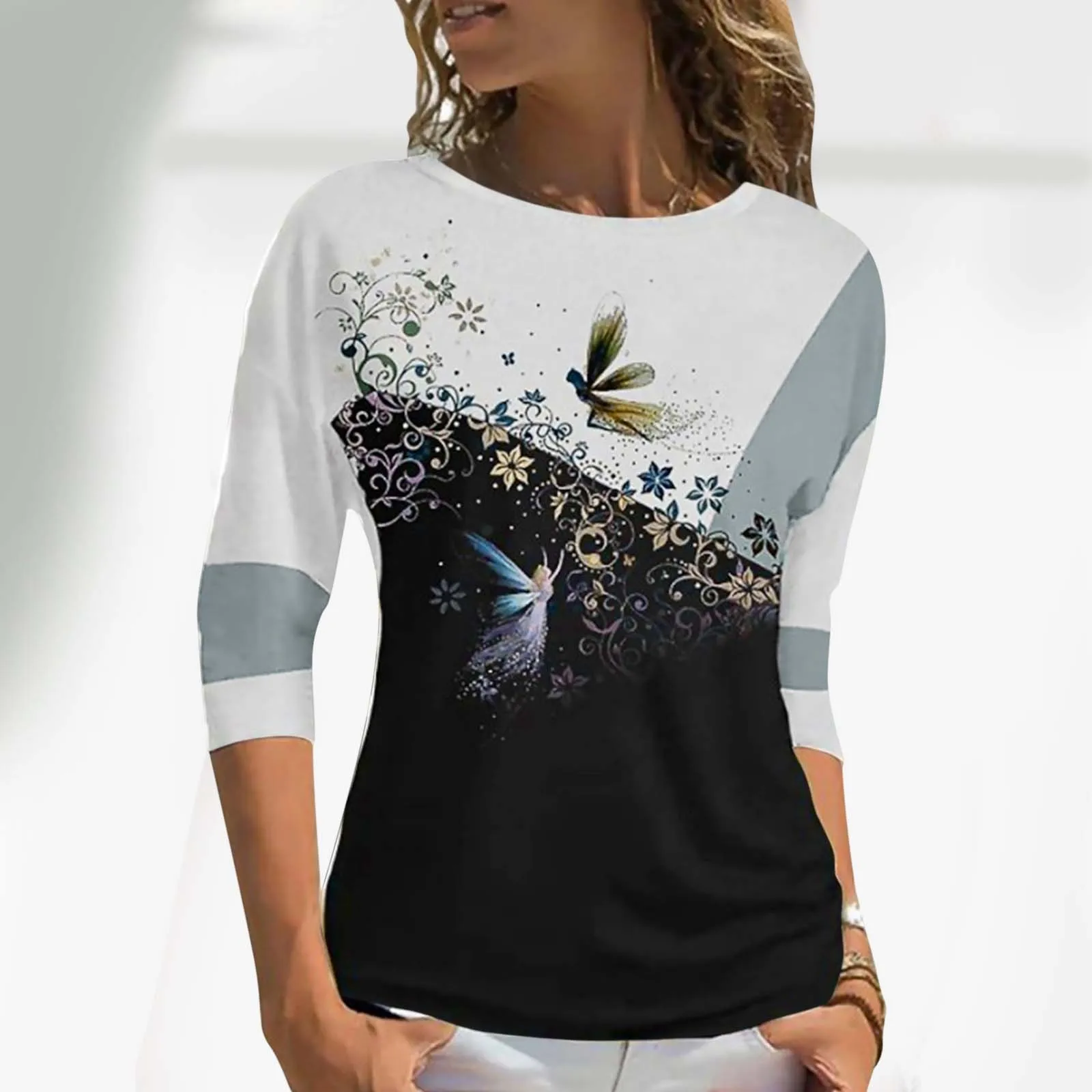 

Women Round Neck Contrast Print Drop Shoulder Seven Points Sleeve Top Casual T Shirt Long Sleeve Polyester T Shirt Women