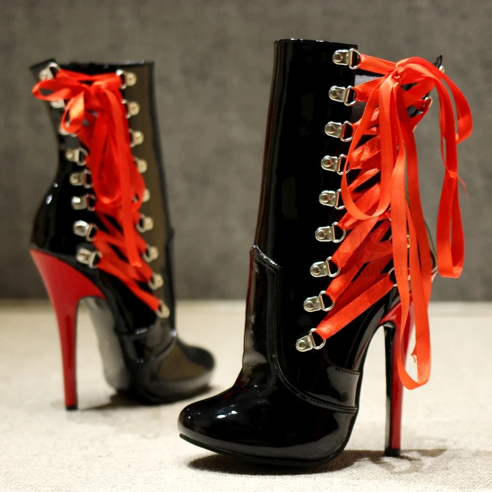 JIALUOWEI 18cm Super High Heel Women Ankle Boots Side Cross-tied Pointed Toe Thin Heels Sexy Fetish Booties Shoes