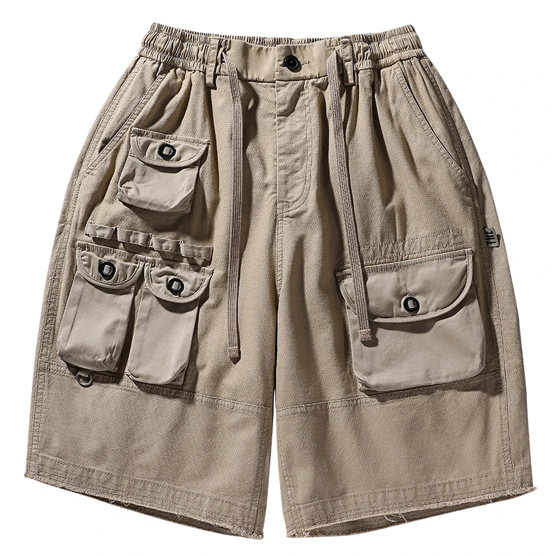 

Summer New Hot Sale Shorts Men Zipper Fly Solid Cargo Pants Japanese Multi-pockets Hip Hop Shorts Straight Tube Overalls
