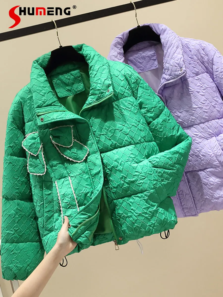 2022 New Winter Coats Women Popular Bow Design Green Cotton-Padded Jacket Gentle Fashion Loose Casual Down Cotton Coat Casacos