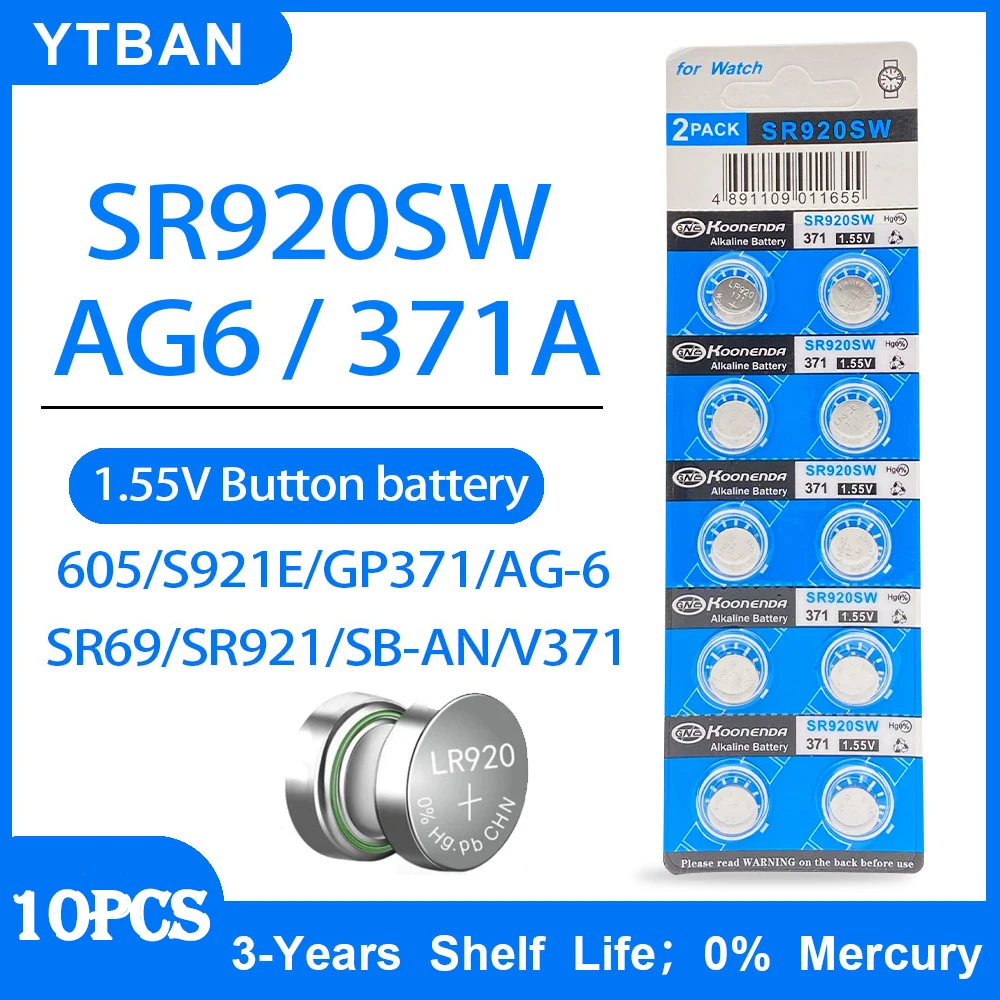 

10 шт., кнопочные батарейки 1,55 в AG6 371 SR920SW LR920 SR927 171 370 L921 LR69 SR920