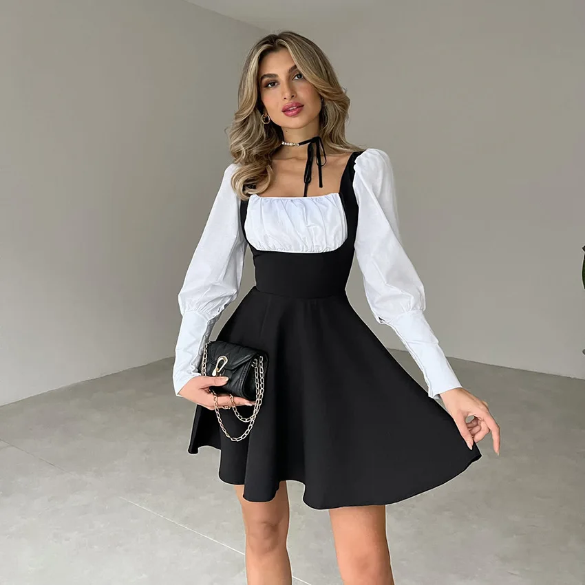 

French square neck bubble sleeve A-line dress princess skirt black dress