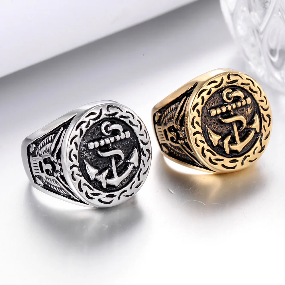 

Vintage Viking Anchor Ring Biker Stainless Steel Stamp Steel/Gold Viking Ring Men Punk Hip Hop Street Jewelry Gift Wholesale