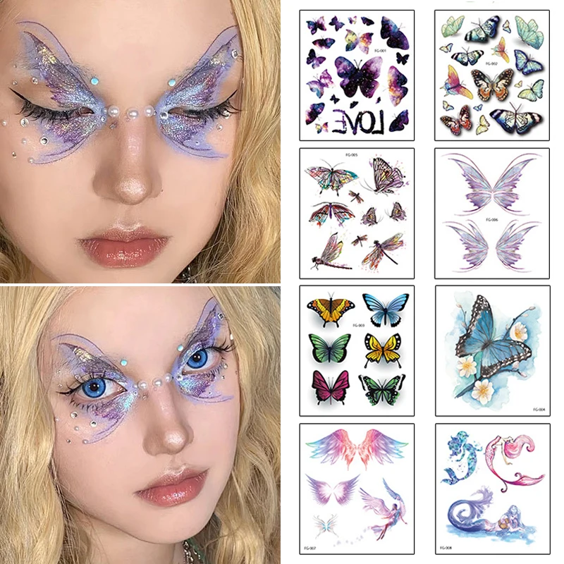 Fairy Shiny Glittering Butterfly Tattoo Sticker Waterproof Eyes Face Stickers Body Art Fake Tattoos Dance Music Festival Makeup images - 6