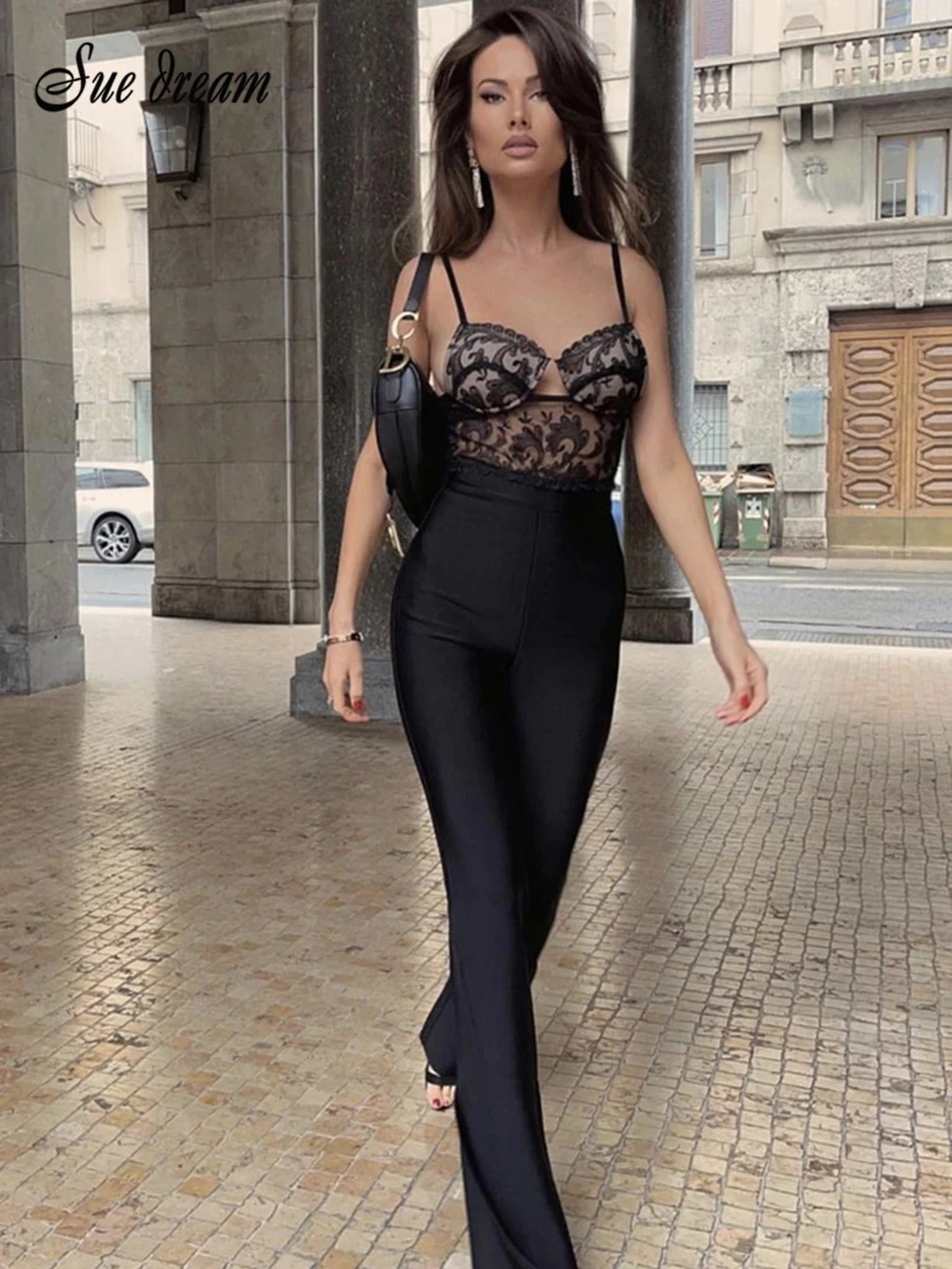 Sexy Spaghetti Lace Patchwork Bandage Jumpsuit 2022 New Summer Women's Fashion Black Celebrity Club Party Jumpsuit Outfits