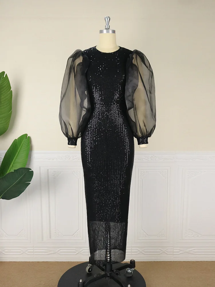 Plus Size Sequin Party Dress Women Mesh Sleeve Elegant Chubby Cloth Female Casual Prom 2023 Summer Sale New Evening 4xl Dress