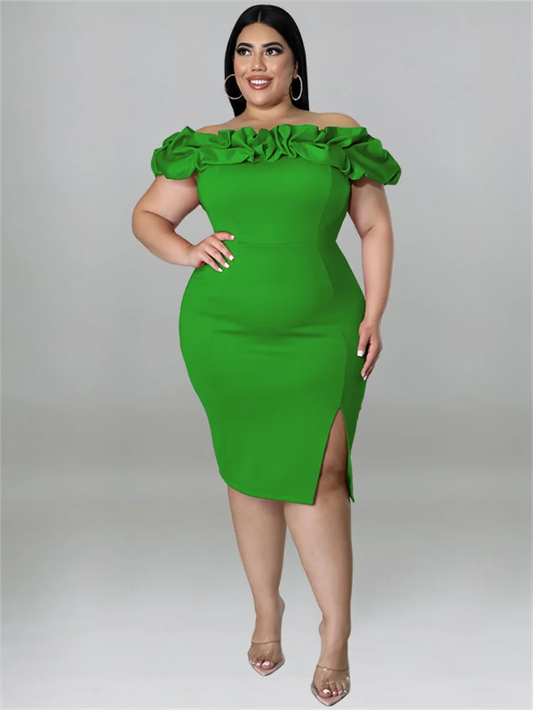 Plus Size Women Clothing Party Dresses Summer Ruffles Off Shoulder Solid Bodycon Elegant Midi Dress Sum 3xl 4xl 5xl 6xl
