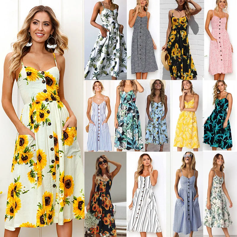 

2022 New Women's New Print Floral Stripe Long Dress Sexy V-Neck Sleevele Button Beach Casual Boho Midi Dress Vestidos De Mujer