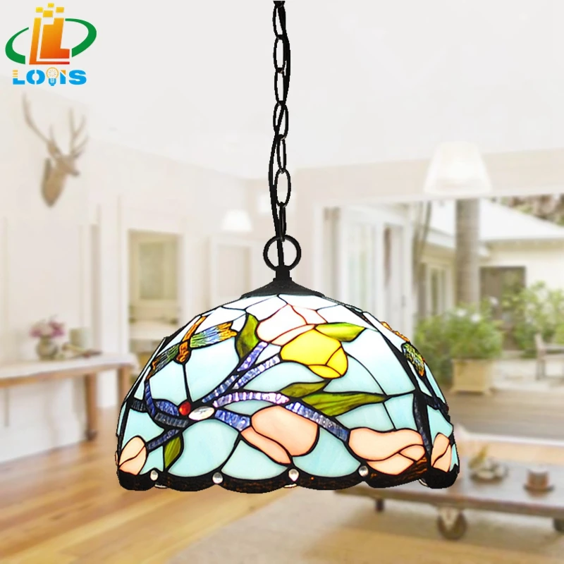 

30CM Tulip Chandelier Tiffany Western Restaurant Bedroom Study Glass Dragonfly Lighting Mediterranean Style LED Yellow Pink