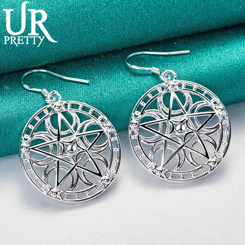 

URPRETTY 925 Sterling Silver Round Stars Hollow Drop Earring For Women Wedding Engagement Party Jewelry Christmas Gift