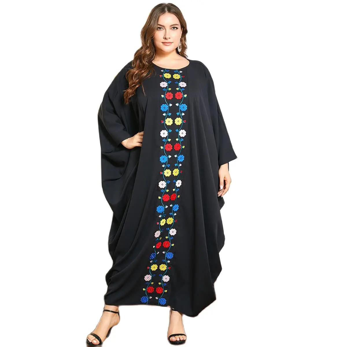 Женское платье в мусульманском стиле Donsignet, свободное черное платье с вышивкой и рукавом летучая мышь