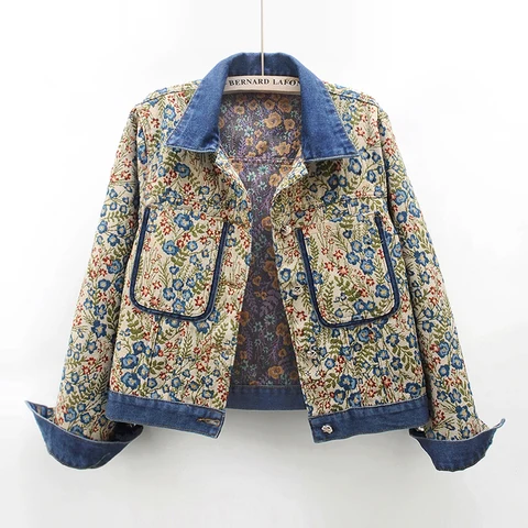 Куртка женская джинсовая с большими карманами, винтажный жаккардовый пиджак с вышивкой, свободная короткая ковбойская верхняя одежда, комбинированная Джинсовка, весна-осень