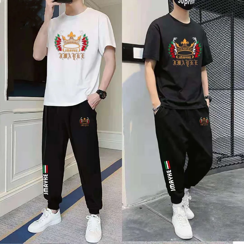 Summer Men's Suit Casual Cotton Short-Sleeved Trousers Two-Piece Youth Fashion Printed Sportswear Men's Trend
