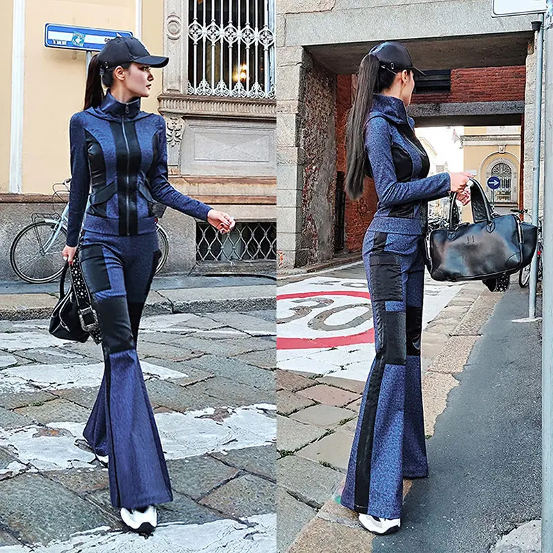 

Office Ladies Elegant Flare Pants Set Elegant Zipper Top and Long Pant Women Sets Slim Casual Two Piece Suit Womens Outfits E405