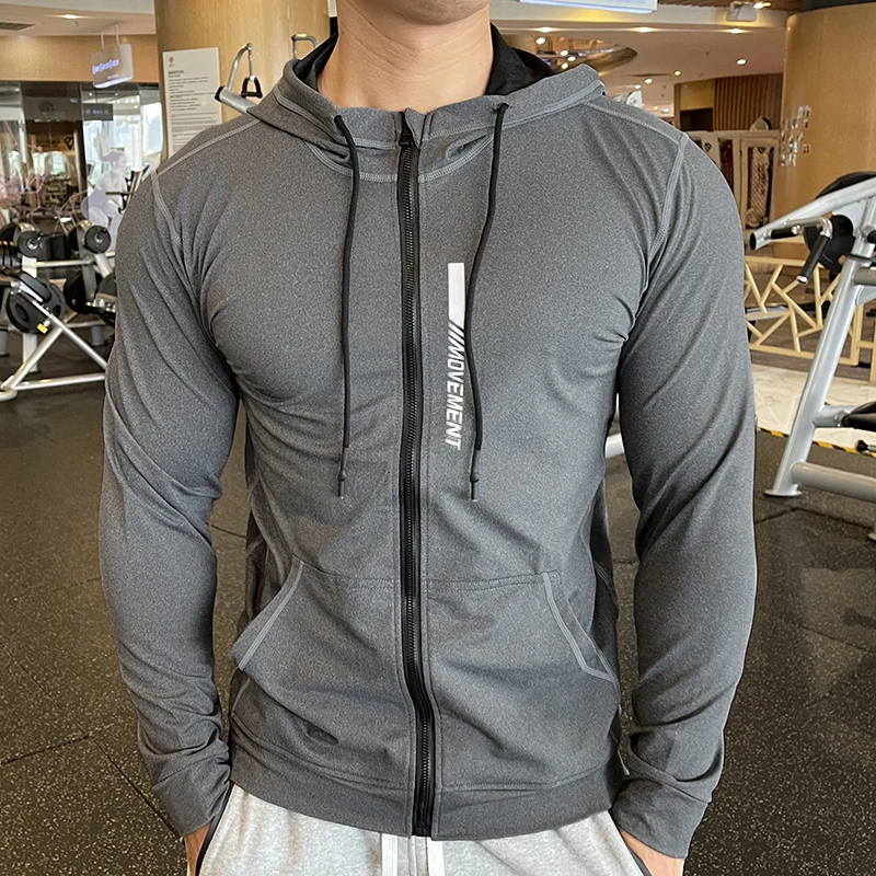 

Men's Sports Hoodies Quick Dry Elastic Hooded Male Fitness Running Jackets Outdoor Gym Coats Casual Workout Sportwear Sunscreen