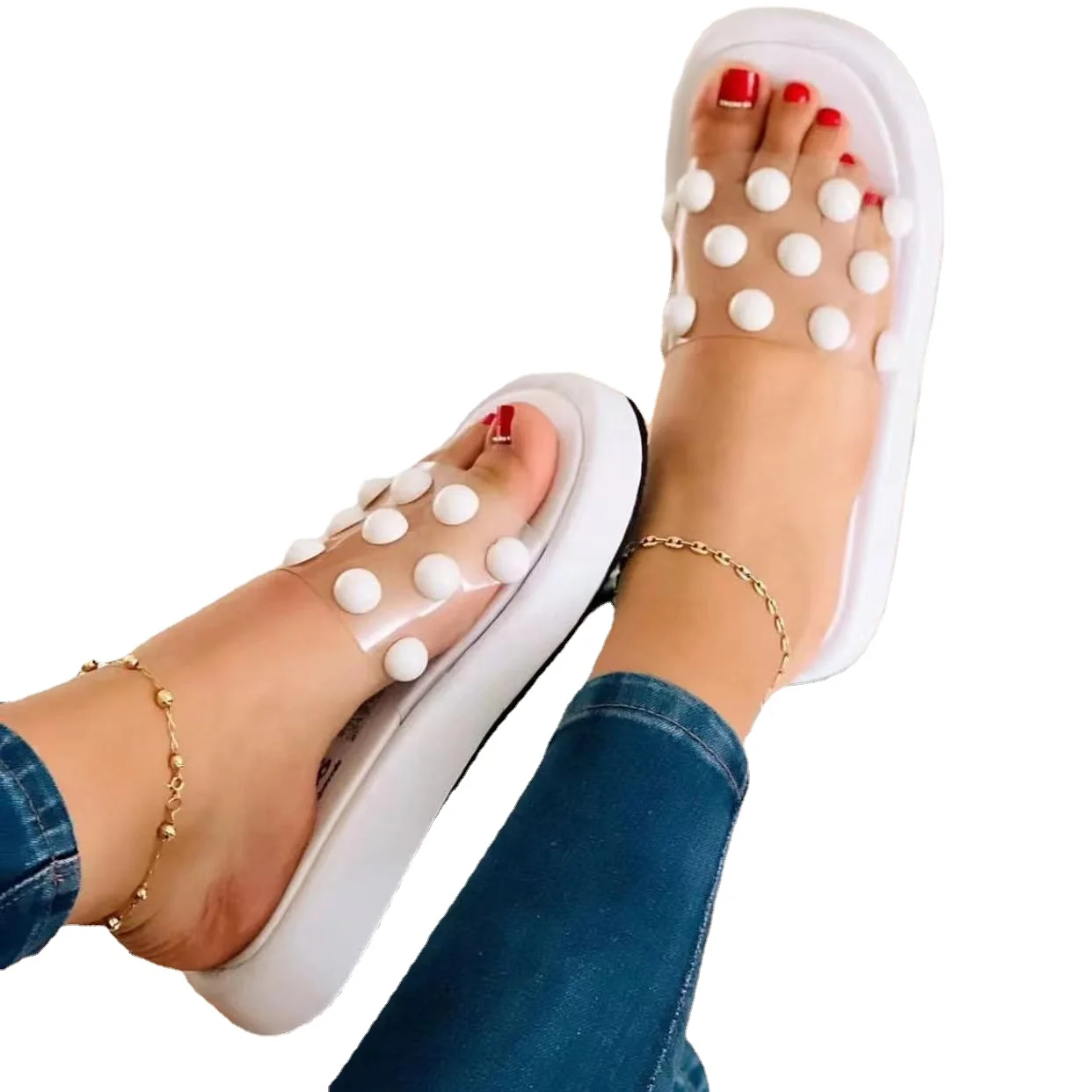 

Summer 2022 New Wedge Heel Slippers Women's Fashion Pearl One Word Drag Thick Bottom Casual Plus Size 43 Women's Sandalias Mujer