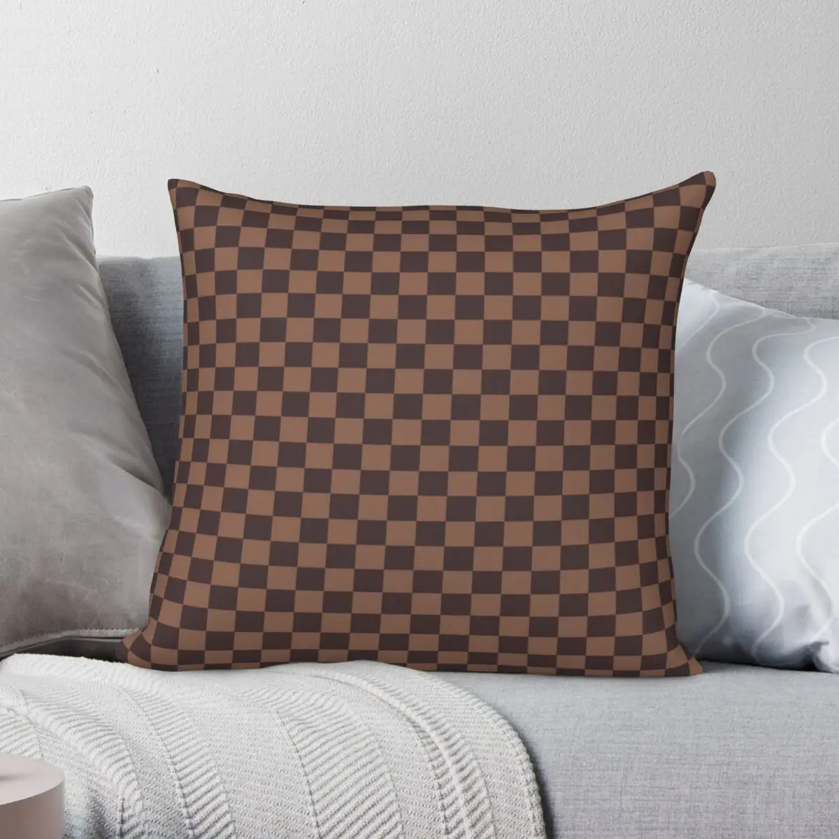 

Brown Autumn Checkered Squares Pillowcase Polyester Linen Velvet Creative Zip Decor Sofa Seater Cushion Cover