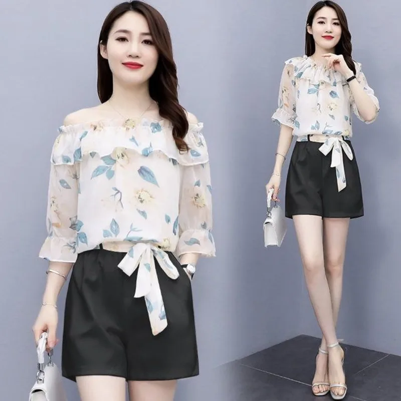 

Women's Suit 2023 Summer New Clothing Fashion Chiffon Crop Top Short Two Piece Sets Shirts Wide Leg Pants Cute Outfits For Women