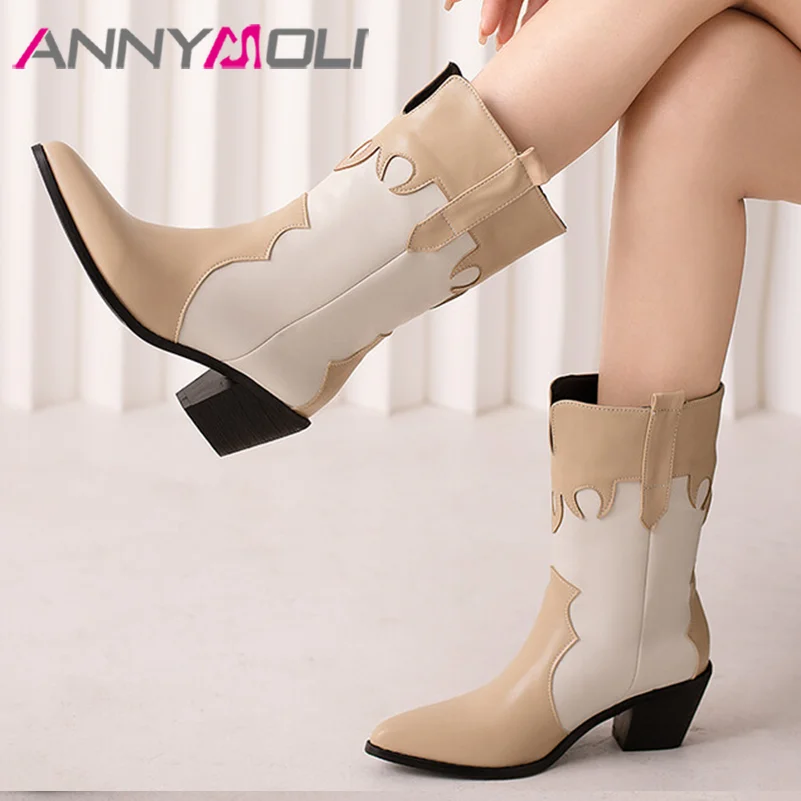 

ANNYMOLI Women Western Boots Mid Calf Boots Thick Heel Pointed Toe Totem Patchwork Sexy Winter Autumn Shoes Black Apricot 35-46