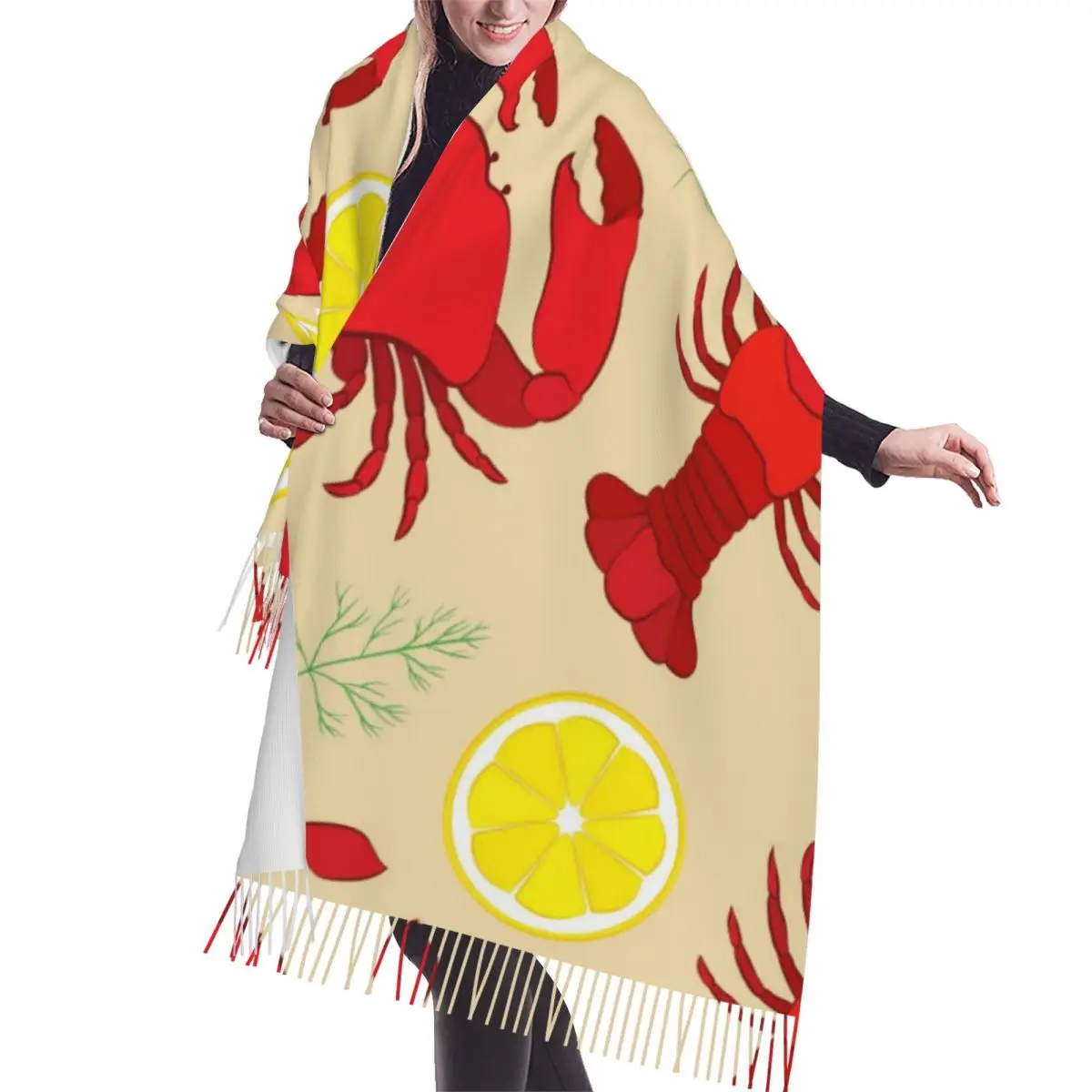 

Winter Tassel Scarf Lobster And Crab With Lemon And Dill Women Cashmere Scarves Neck Head Warm Pashmina Lady Shawl Wrap Bandana