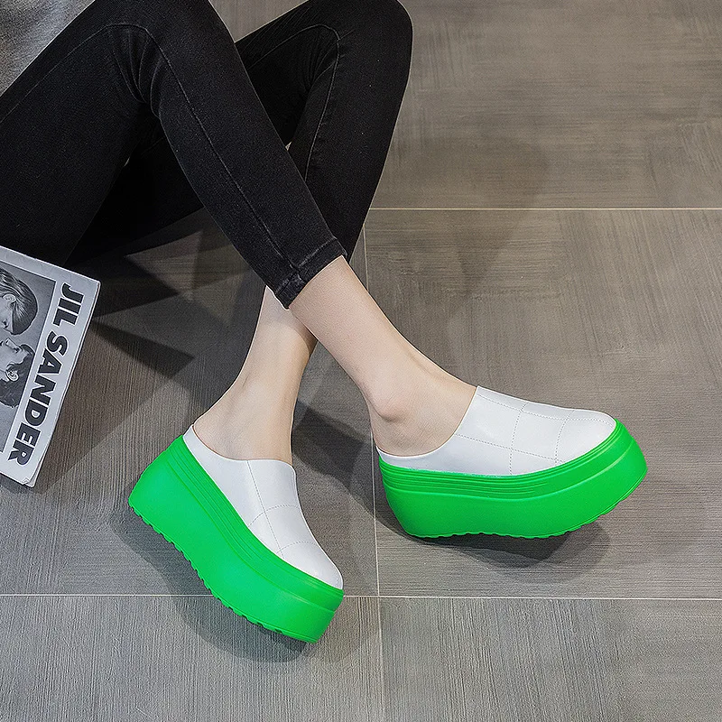 

2022 8cm Women Shoes Mules Genuine Leather Gereen White Black Platform Sandals Slippers Slides Summer Wedge