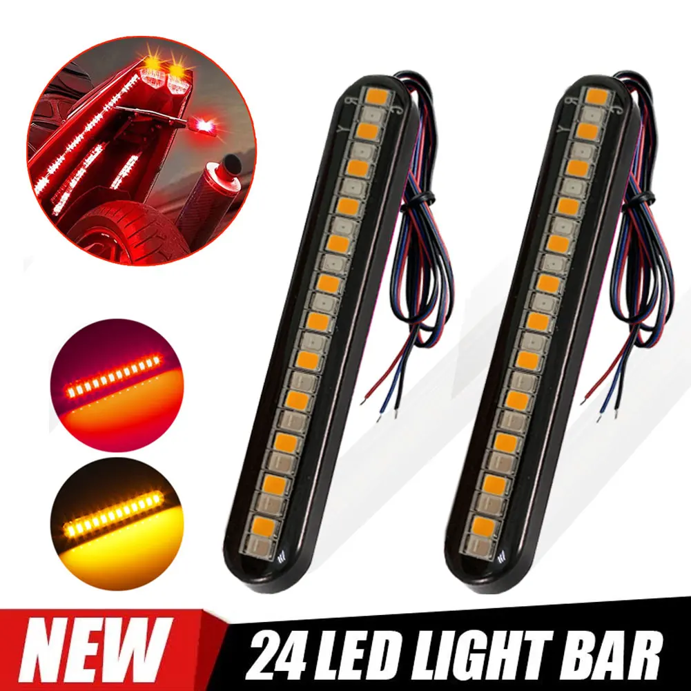 

New 24LED 12V Motorcycle Turn Signal Mini LED Light Strip Flowing Water License Plate Light Rear Brake Stop Lamp Tail Indicator