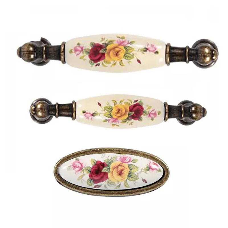

Винтаж античный бронзовый цветок керамическая ручка для шкафа шкаф с выдвижными ящиками Шкаф ручки тянуть DIY дверные ручки для дома украшения